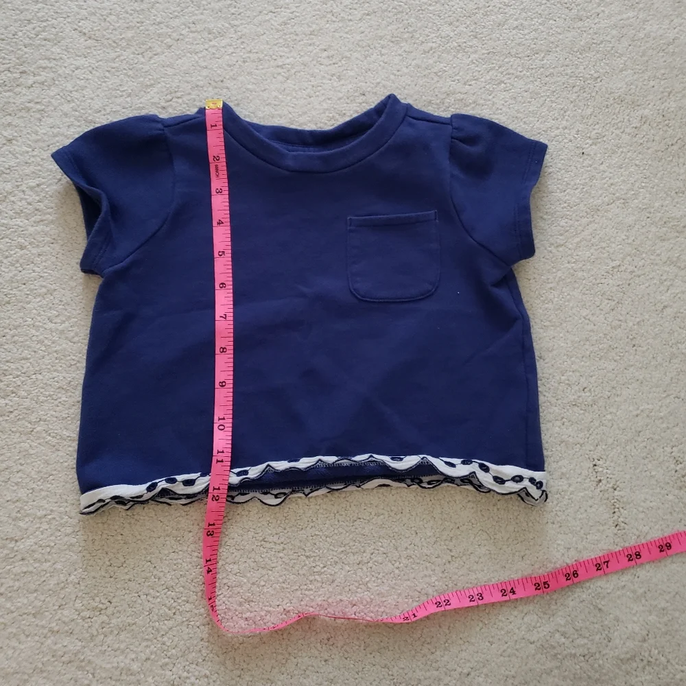Janie and Jack Girls' Navy French Terry Short Sleeve Shirt With Eyelet Trim sz5